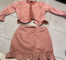 Co-ord Jacket & Skirt Uk Small 6 8 Matching Pink Rouge Suede Ruffle Set 2 Piece