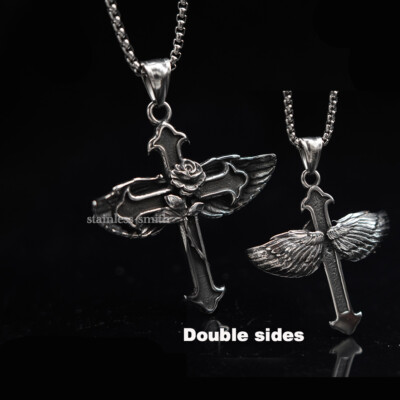 SMITH Gothic Mens Womens Christian Rosicrucian Rose Wing Cross Pedant Necklace