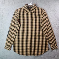 Lafayette 148 Shirt Women Small Hidden Button Up Long Sleeve Brown Black Plaid