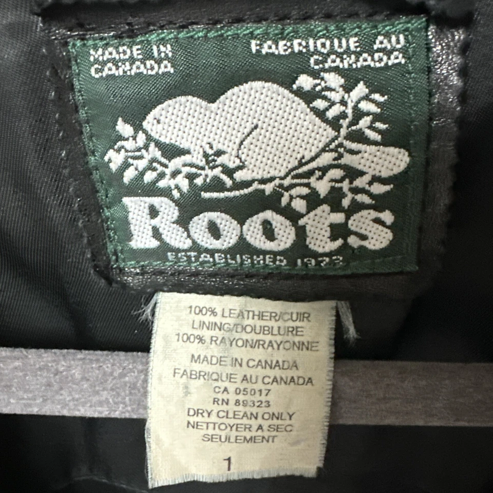 Chaqueta Abrigo Vintage Roots Canada Mujer Cuero Negro Talla 1 Bolsillos Cinturón Corbata Foto 3 de 4
