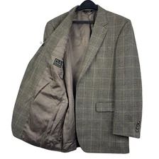 Jos A Bank 41L 100% Wool Blazer Sport Coat Suit Jacket Grey Plaid 2 Button Long