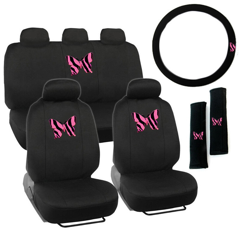 PINK Butterfly Zebra Stripes Front Back Car Seat Covers Steering Wheel