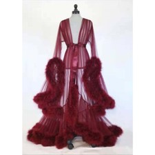 Fashion Mesh Flare Sleeve Feather Long Bathrobe Sexy See Through Nightgown Pajam