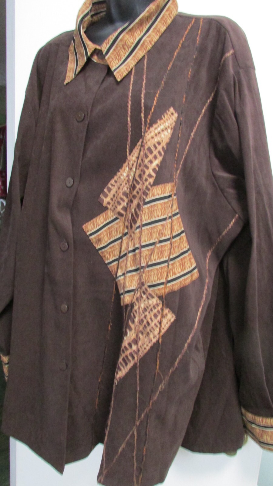 Women's 3X Brown Patchwork Collar Button LS Shirt… - image 3