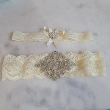 Rhinestone Wedding Garter Set 2 Garters Ivory Lace Bridal