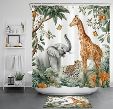 Green Jungle Wildlife Giraffe and Elephant Shower Curtain Set for Bathroom Decor