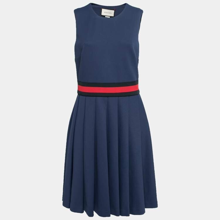 Gucci Navy Blue Jersey Web Stripe Detailed Pleated Dress XL Gucci Navy Blue Jersey Web Stripe Detailed Pleated Dress XL