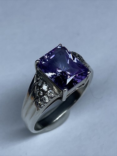 DIAMONIQUE Sterling Silver 3.5 ct. 10x8.5mm Sim Amethyst & CZ’s Cocktail Ring 8 - Picture 4 of 11