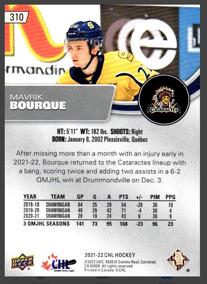 Mavrik Bourque Rookie - 2021-22 Upper Deck CHL Stars #310 (RC) Dallas Stars - Image 2 of 2