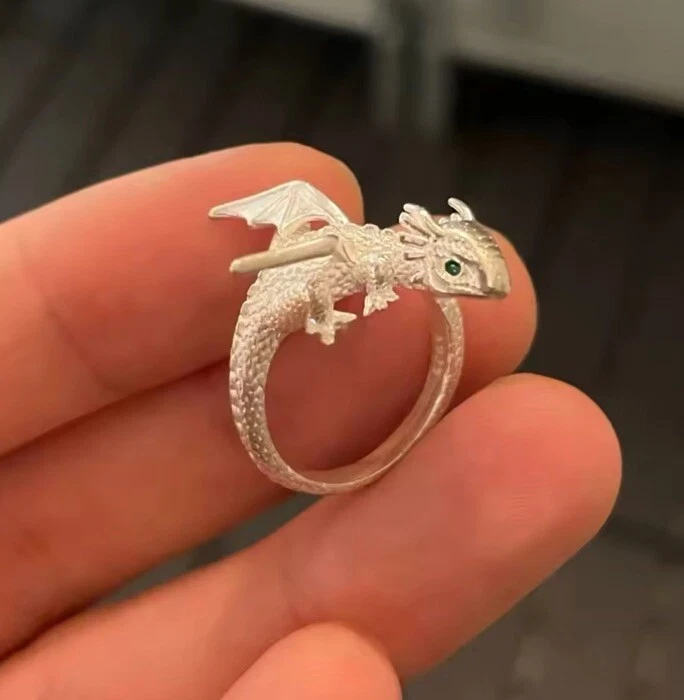 Adjustable Ring Silver Dragon Flying Fit Any Size  Quick Delivery Vintage — 第 2/4 张图片