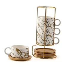 Porcelain Espresso Cup with Metal Stand, 6 Ounce Stackable Ceramic White