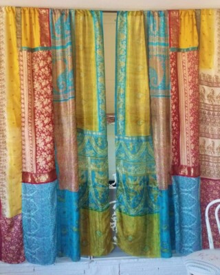 2 PCs Vintage Silk Saree Window Curtains Indian Patchwork Multi Curtains Drapes