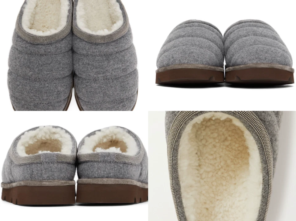 BRUNELLO CUCINELLI Quilted Cashmere Shearling Slippers Zierperlen Schuhe 38