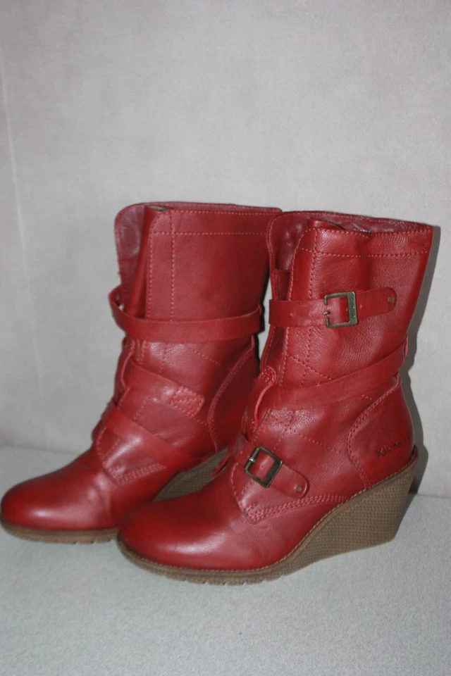 KICKERS  Mi bottes Fourrées à lanières cuir Rouge Foncé T 40 TBE - Photo 2/4