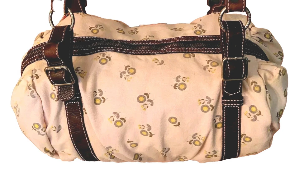 American Eagle Outfitters Y2k Hobo Duffle Shoulder Bag Beige Floral Leather Strp - Image 3 of 4