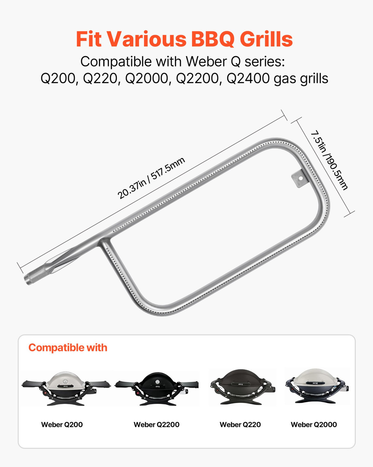 Stainless Steel Tube Burner for Weber Q200 Q220 Q2000 Q2200 