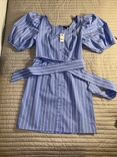 NWT Express Women’s Blue Stripped Puff Sleeve Belted Cotton Blend Mini Dress XS