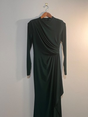 NEW BETSY & ADAM Forest GREEN Jersey RUFFLE Long Sleeve RUCHED Sheath GOWN 6