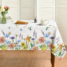 Spring Tablecloth 60 120 Inch, Floral Flowers Butterfly Birds Washable Table