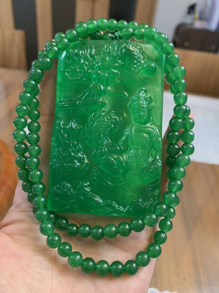Jade Pendant Necklace Green Ice Seed Jade Kannon Landscape 56cm Used - Image 2 of 4