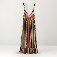 Tahari Tile Stripe Maxi Dress Boho Festival Stretch Jersey Black Multi Xsmall