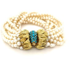 18K Yellow Gold Turquoise Clasp 10-Strand Pearl Bracelet 7.5  74.7g