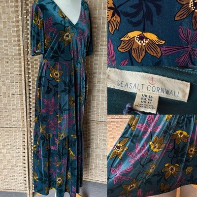BNWT SEASALT Kingfisher Blue PENROSE Anemone MAXI Velvet Dress UK 16 L53  ARTY