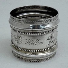 A Stunning Antique Bright Cut Engraved Sterling Silver Napkin Ring “WILLIE”