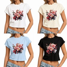 Women Short Sleeve T-Shirt Crop Tops Flowers Printed Cotton Plain Tee US STOCK