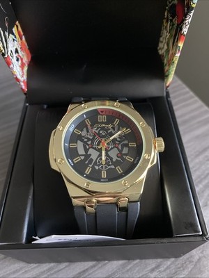 Ed Hardy Mens Gold And Black Face Chronological Watch Silicone