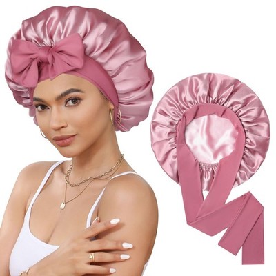 Satin Bonnet for Sleeping Cap Double Layer Hair One Size, Bean Paste + Pink
