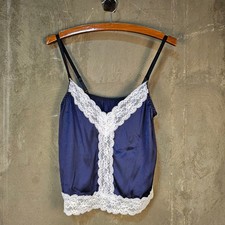 Navy Lace Trim Soft Girl Coquette L Cami Slip Satin Top Romantic y2K Twilight