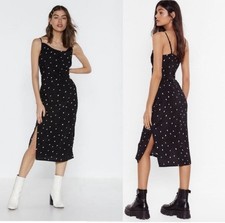 Nasty Gal Women's Black & White Polka Dot Cowl Neck Slip Midi Dress Size 6