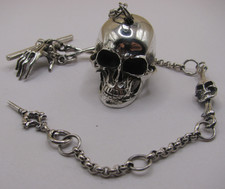 Memento Mori Solid Silver Skull & Bones Vesta Case Watch Case Albert Watch Chain
