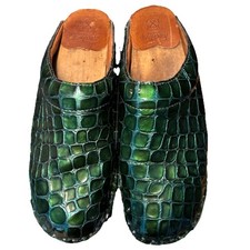 TROENTORP Swedish Clogs, Green Embossed Upper, Wooden Sole, Size 38