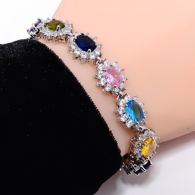 Multi Sapphire -Simulated, CZ 925 Sterling Silver Adjustable Bracelet 7-8'' B271