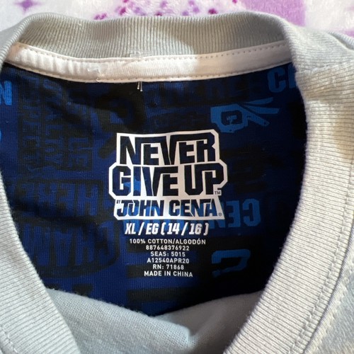 Never Give Up John Cena XL 14/16 Grey T Shirt With Blue Sleeves EUC - Picture 3 of 13