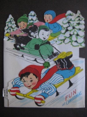 1940s vintage greeting card 3-Panel Stand-Up CHRISTMAS Children Sledding