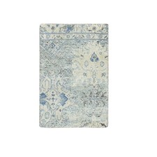 2'x3' Ivory Oushak Pure Silk with Textured Wool Distressed Hand Knotted Mat Rug