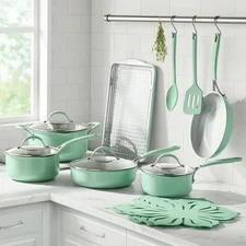Pioneer Woman Cookware 17 pc Set Green sauce pans cooking sheet felt dividers