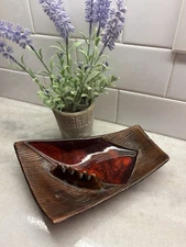 California Pottery Ceramic Ashtray  Vintage MCM Bowl Tree Bark Red Brown