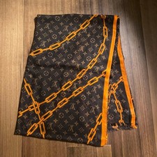 Louis Vuitton Silk Large Square Scarf Brown Logo Print Used
