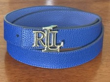 Ralph Lauren Size S 28" Blue Pebbled Leather Gold Tone Logo Reversible Belt