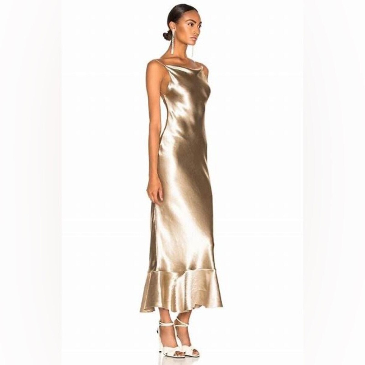 Saloni Satin Champagne Gold Backless Ruffle Hem Cowl Neck Midi Dress Size 8 Saloni Satin Champagne Gold Backless Ruffle Hem Cowl Neck Midi Dress Size 8