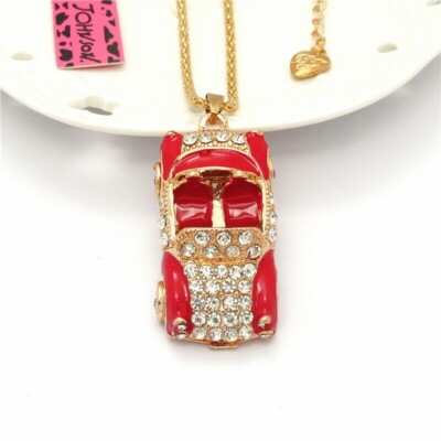 Betsey Johnson Shiny Red Race Car Topless 3D Gold Pendant Necklace Free Gift Bag