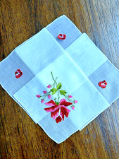 Vintage Handkerchief Hankie Embroidered Pink Red Roses 4 Corner