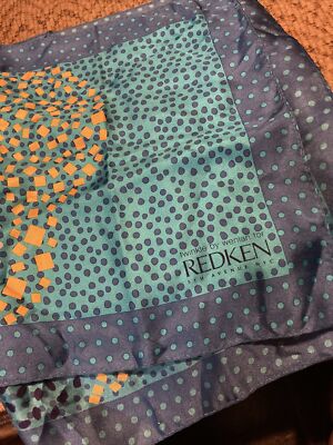 Scarf Blue, White, Yellow,Black Confetti Shapes 10x40 Lg Scarf-Vintage REDKEN