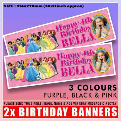 2 PERSONALISED PHOTO DISNEY PRINCESS BIRTHDAY BANNERS ANY NAME ANY AGE 36 x 11"