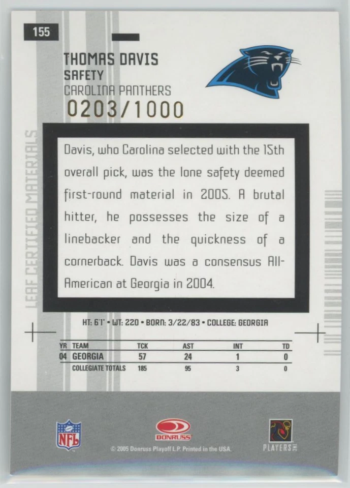 2005 Leaf Certified Materials Thomas Davis Rookie 0203/1000 Carolina Panthers - Image 2 of 2