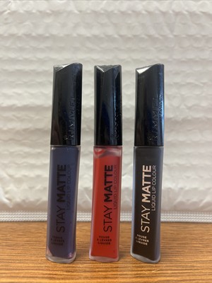Lot Of 3 RIMMEL STAY MATTE LIQUID LIP COLOR  Fire Starter Red, Blue Iris, Black